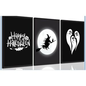 Halloween Wall Art Set 3 Unframed Canvas Prints Witch Ghost Black White 8x10